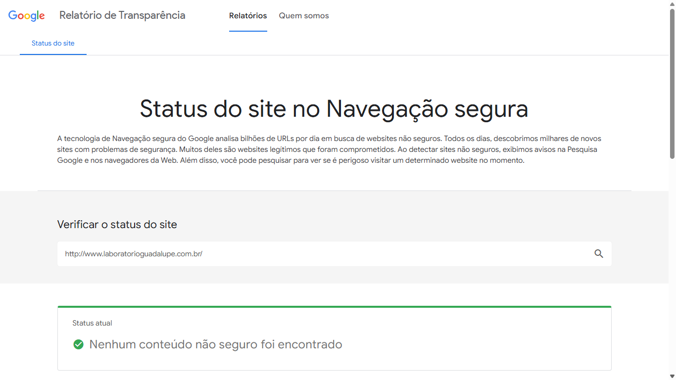 Google Safe Browsing verifica segurança do site do Laboratório Guadalupe